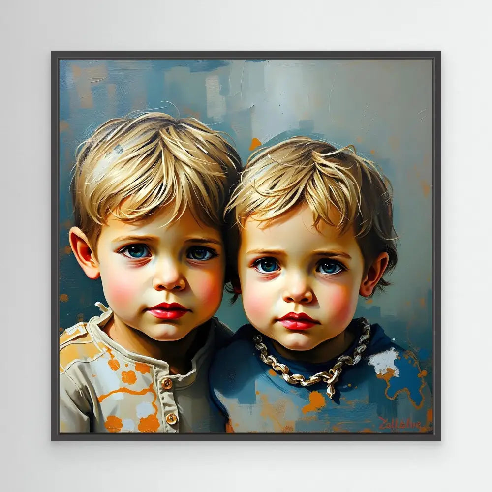 A portrait painting of two young children with blonde hair and blue eyes.