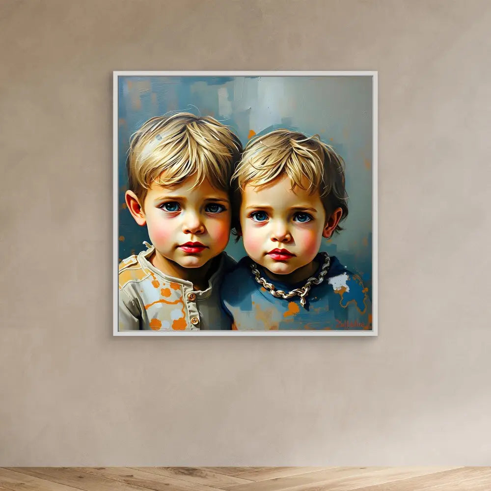 A portrait painting of two young children with blonde hair and similar features.