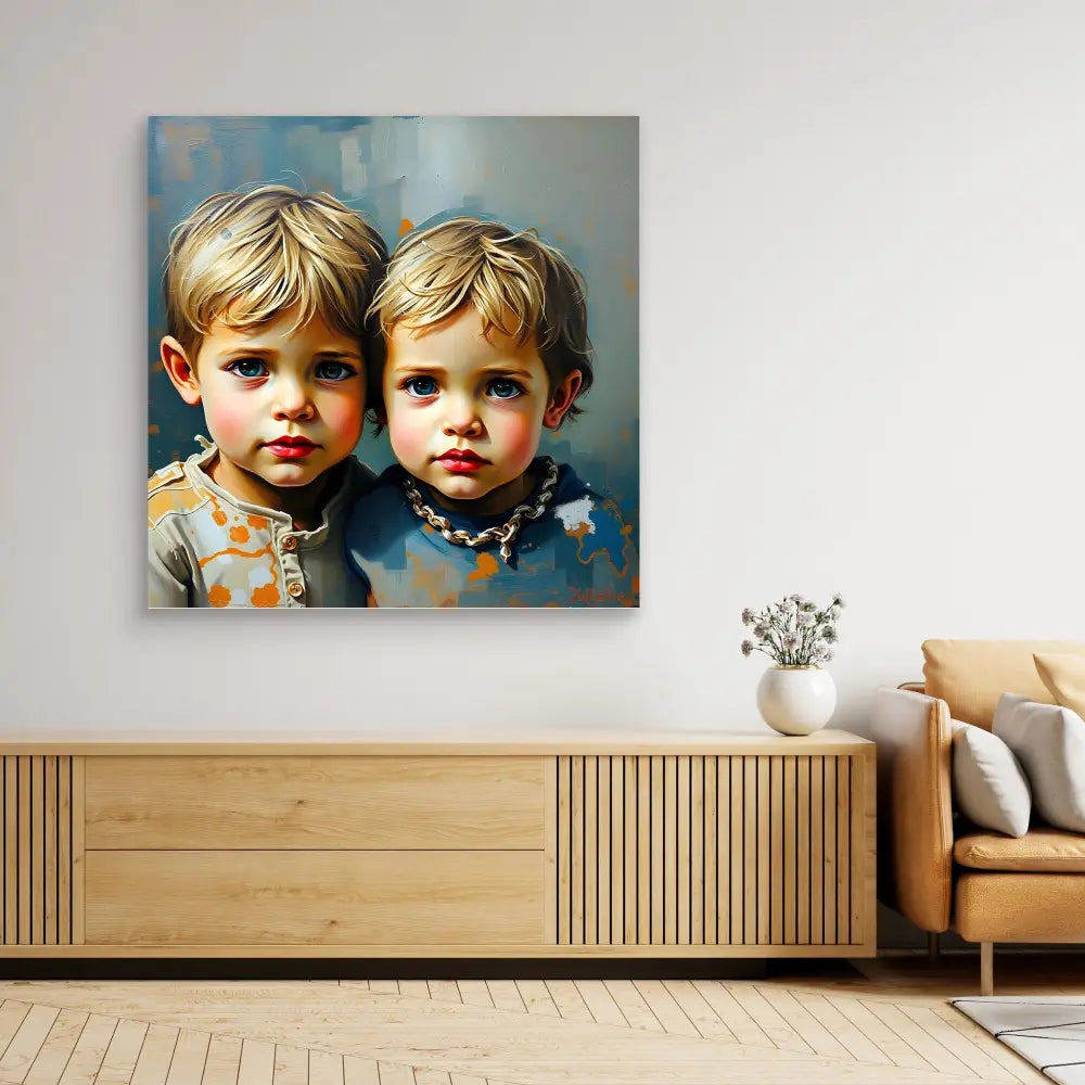 A portrait painting of two young children with similar features displayed on a wall.