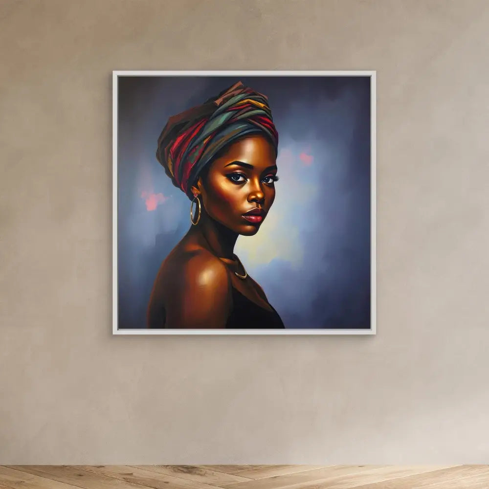 Portrait painting of a woman wearing a colorful striped headwrap and earrings against a soft-lit backdrop.