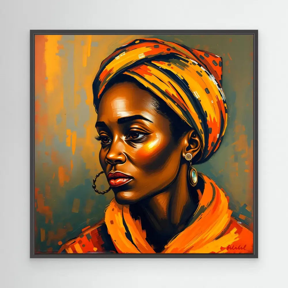 Portrait painting of a woman wearing a vibrant orange and yellow head wrap and hoop earrings.