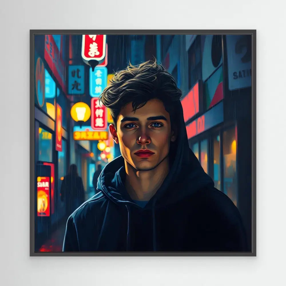 Portrait of a person wearing a black hoodie with neon signs creating dramatic lighting.