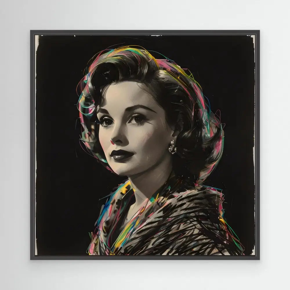 Portrait photograph with colorful artistic highlights showing a glamorous 1950s-style figure against a dark background.