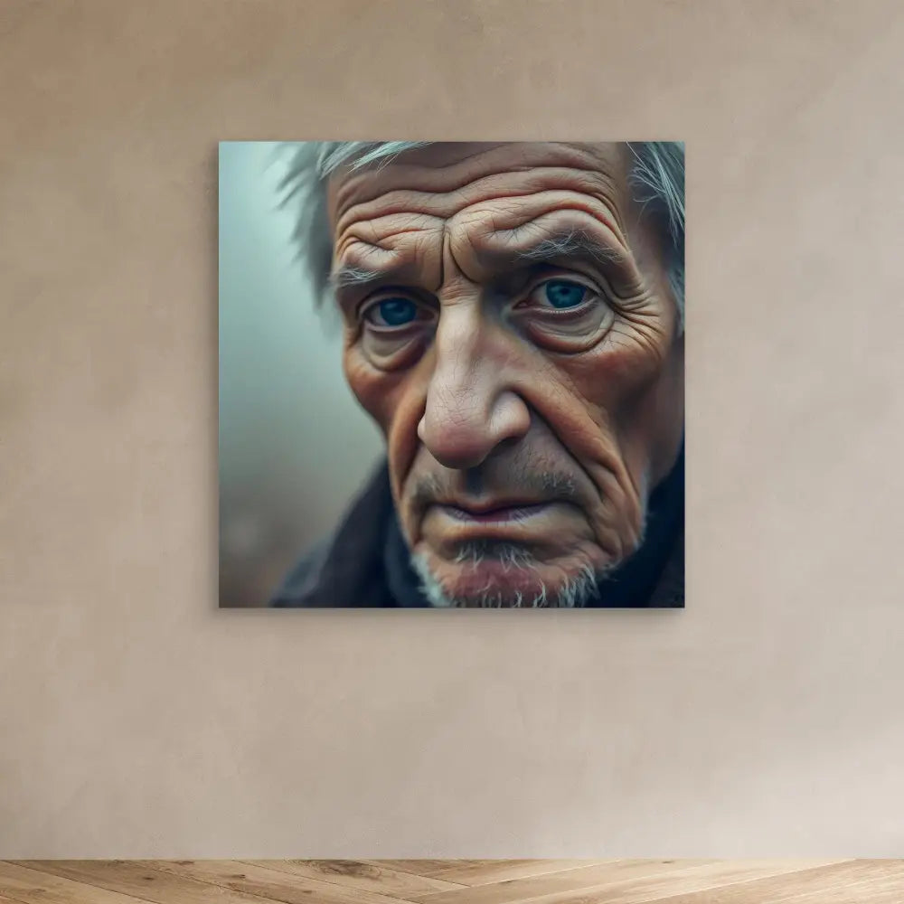 A striking portrait photograph showing weathered skin, piercing blue eyes, and deep wrinkles against a muted background.