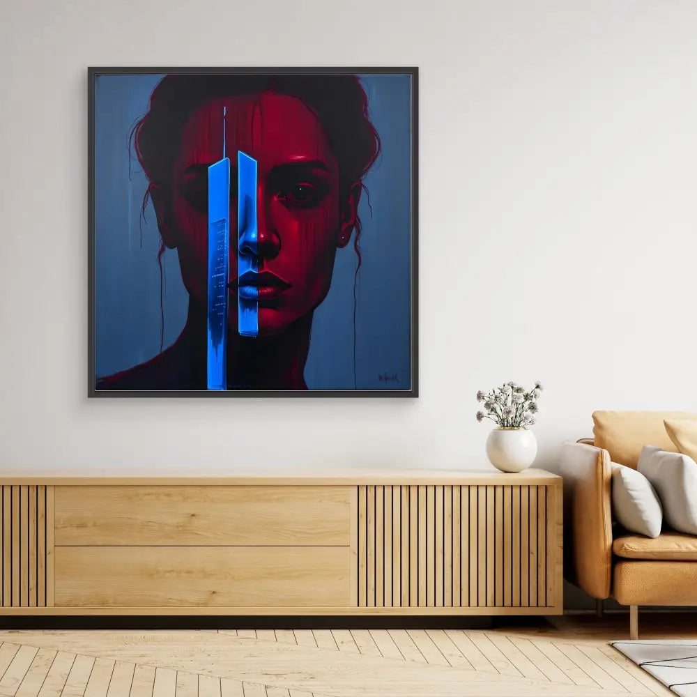 A striking portrait with red and blue lighting effects in a black frame.