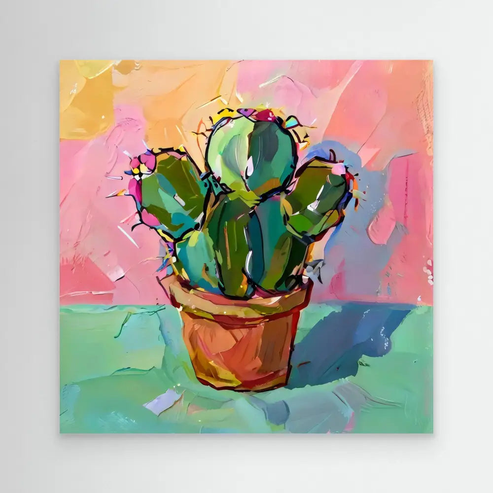 A potted cactus painted in vibrant brushstrokes.