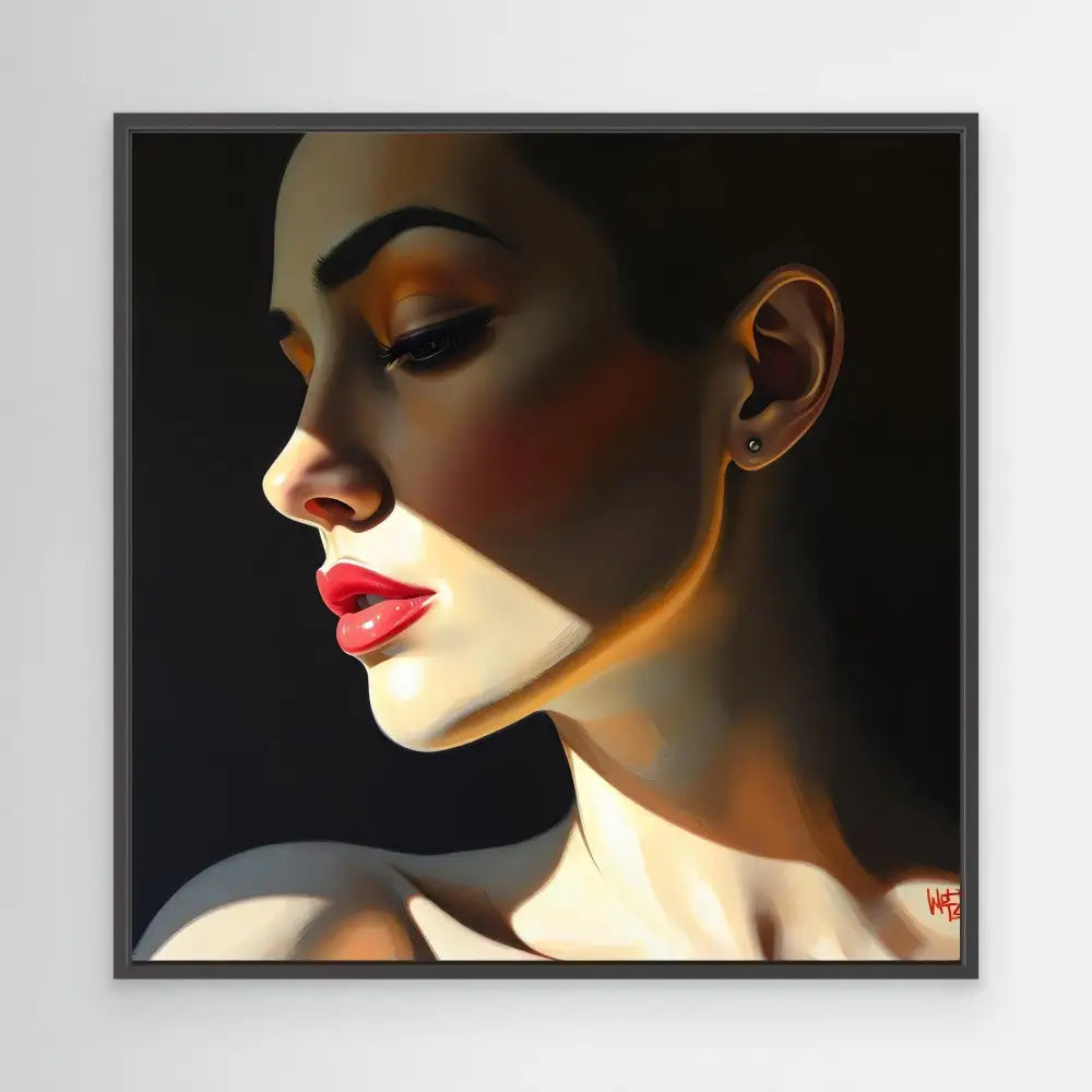 Side profile portrait showing dramatic lighting, bold red lipstick, and elegant makeup artistry.