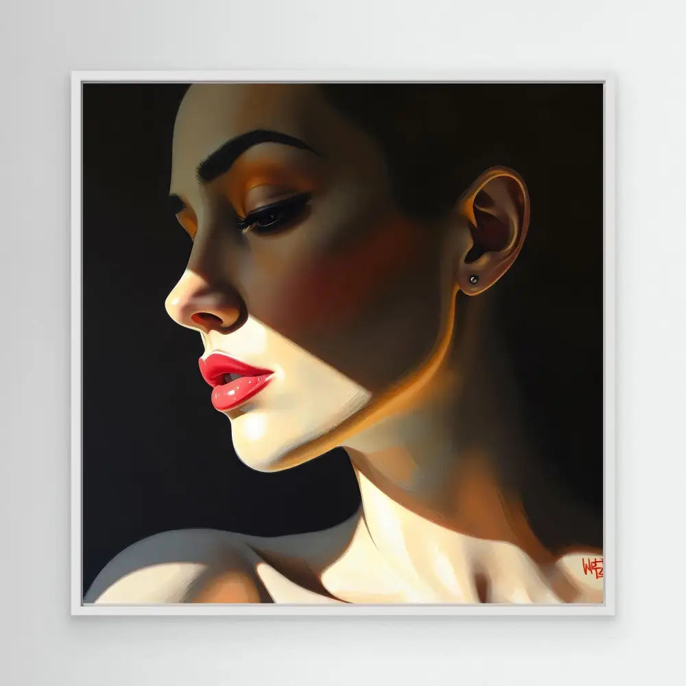 Side profile portrait with dramatic lighting highlighting red lips and warm-toned makeup.