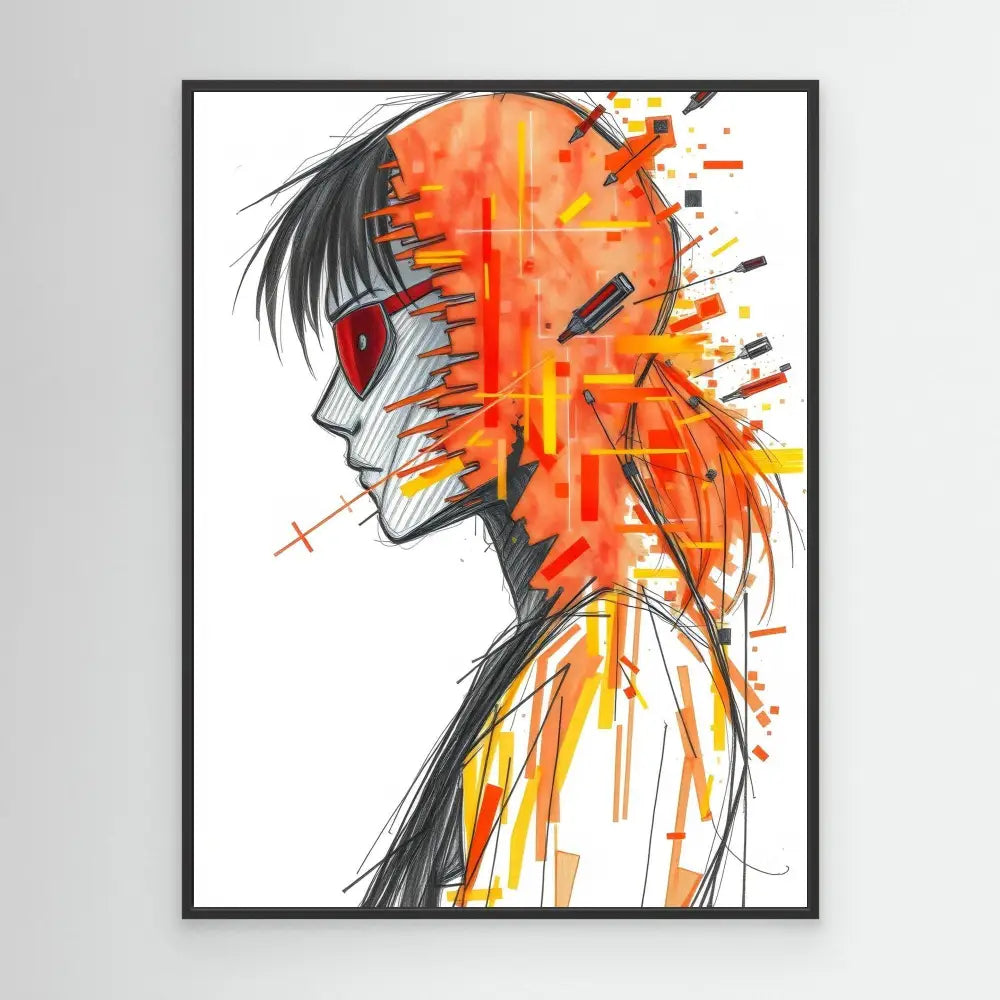 Side profile sketch of an anime-style character with black hair and vibrant orange/red watercolor effects.