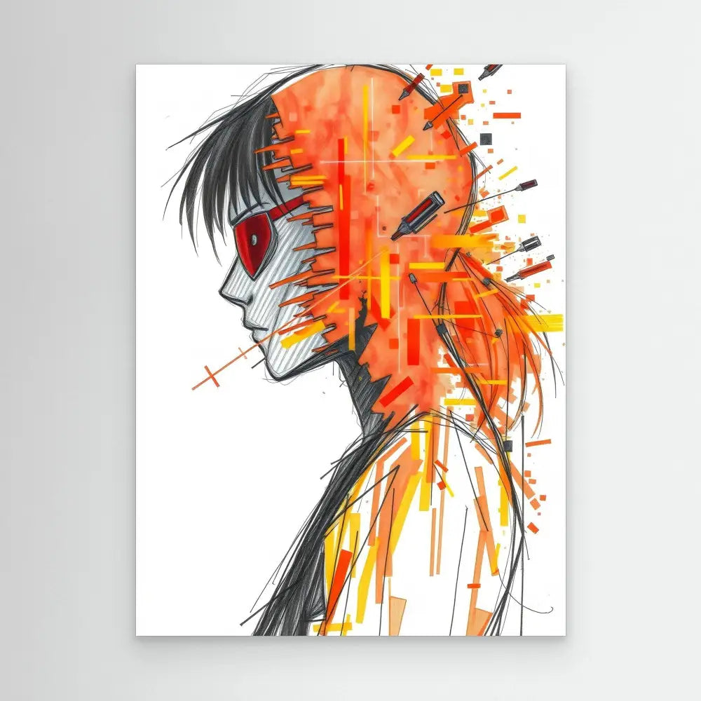 Side profile sketch of an anime-style character with black hair and vibrant orange/red watercolor effects.