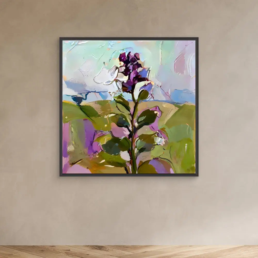 Purple flowering plant rendered in an abstract, painterly style with loose brushstrokes.