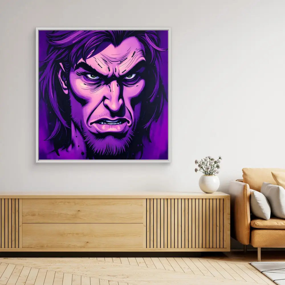 Purple-tinted comic book style portrait of Wolverine with an intense, angry expression.