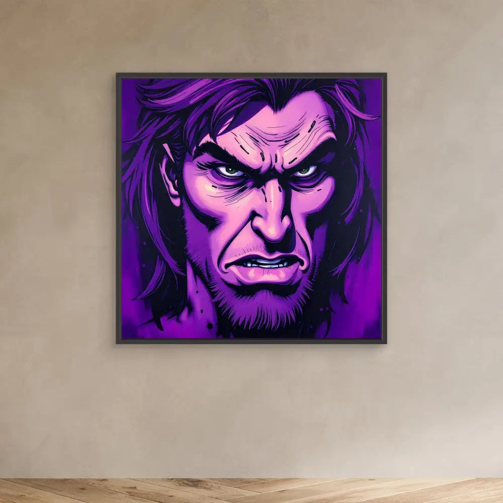 Purple-tinted comic book style portrait of Wolverine with an angry, intense expression.