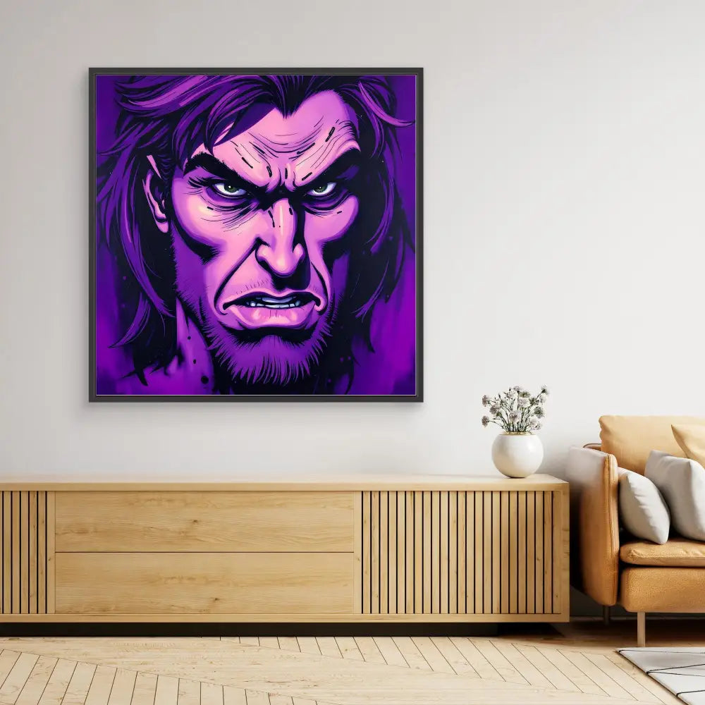 Purple-tinted portrait artwork of Gambit from X-Men displayed as wall art.