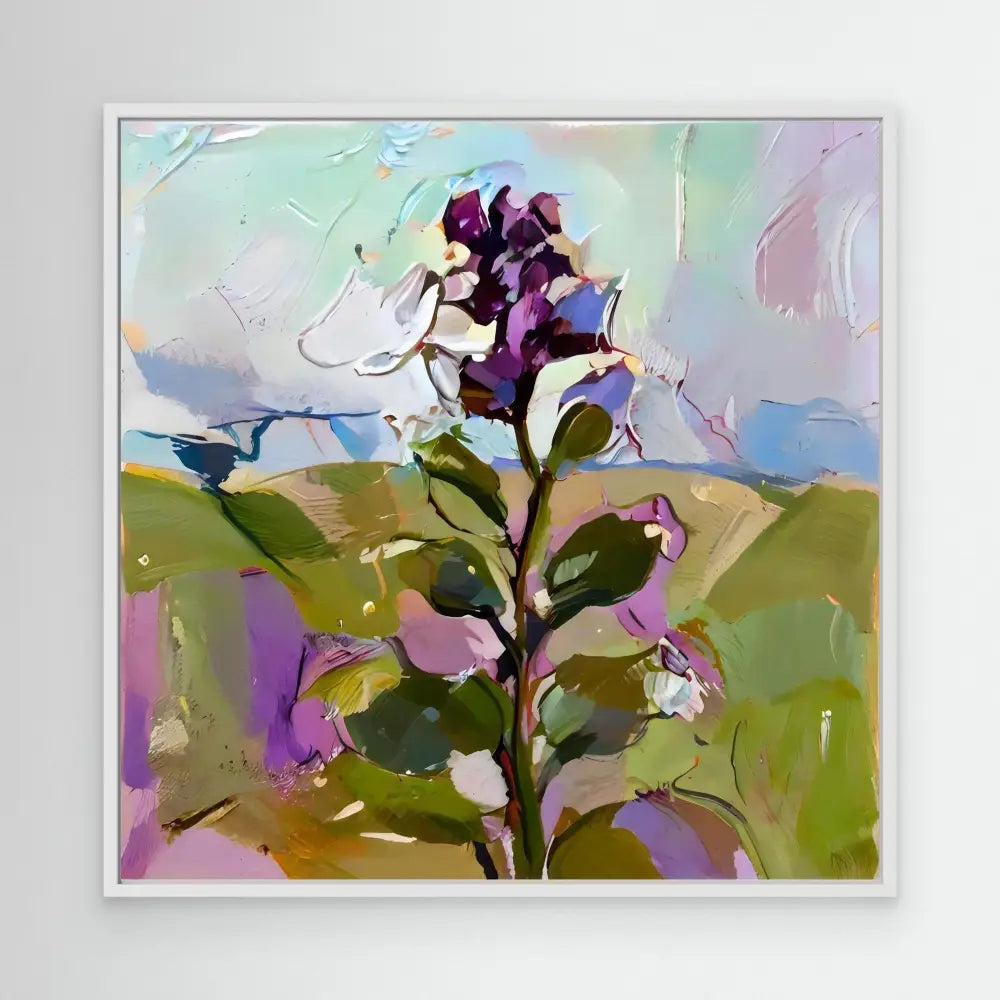 Purple wildflower with green leaves painted in an impressionistic style.