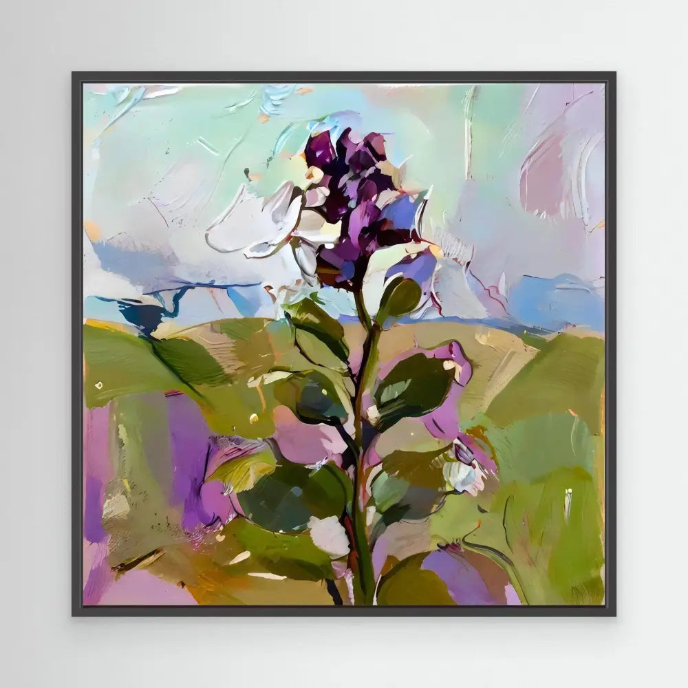 Purple wildflower with green leaves painted in an impressionistic style.