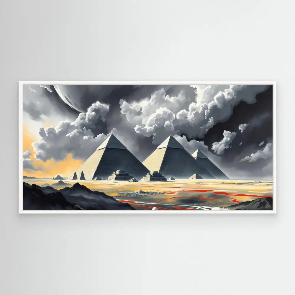 Pyramids stand beneath dramatic storm clouds at sunset.