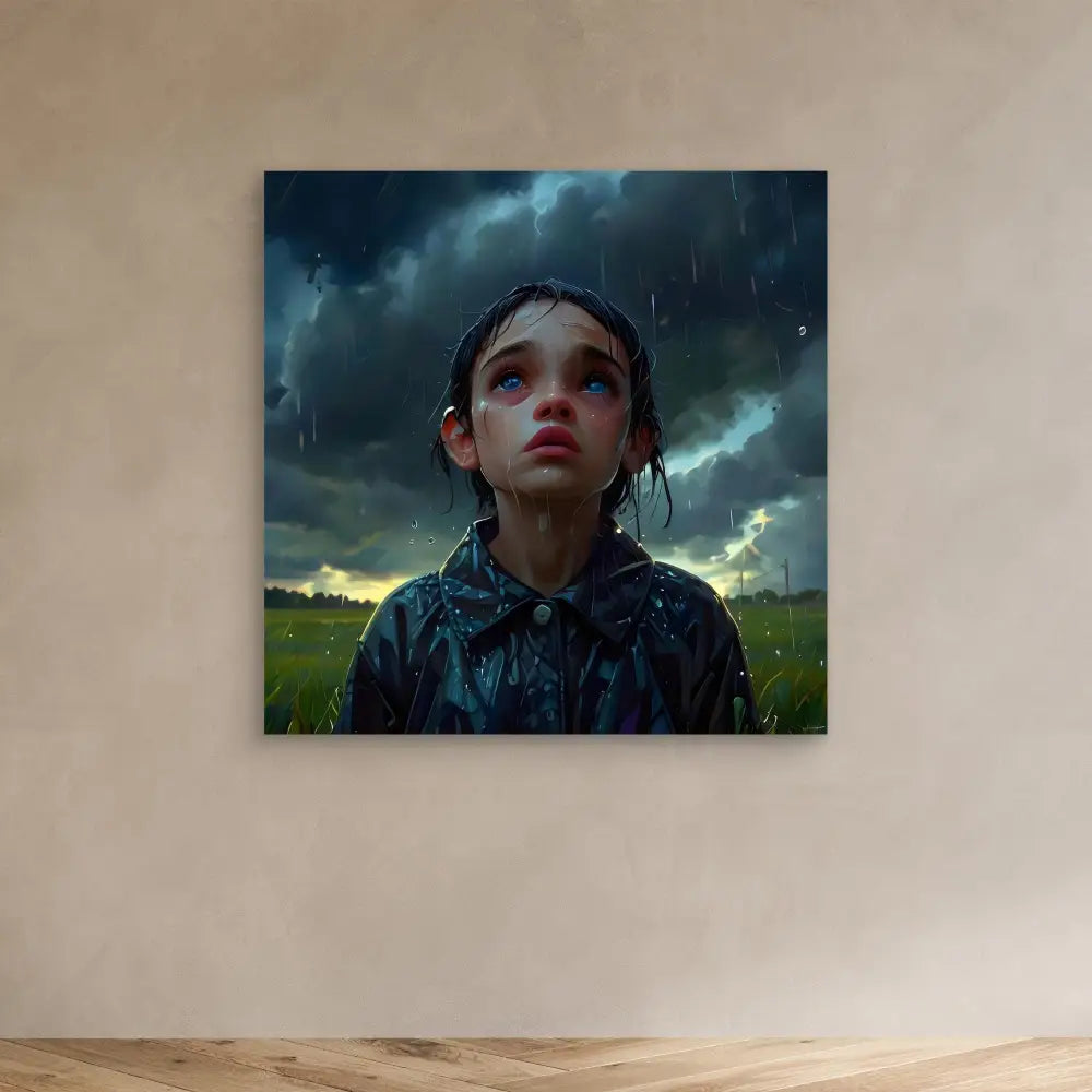 A rain-soaked child gazing upward at stormy skies.