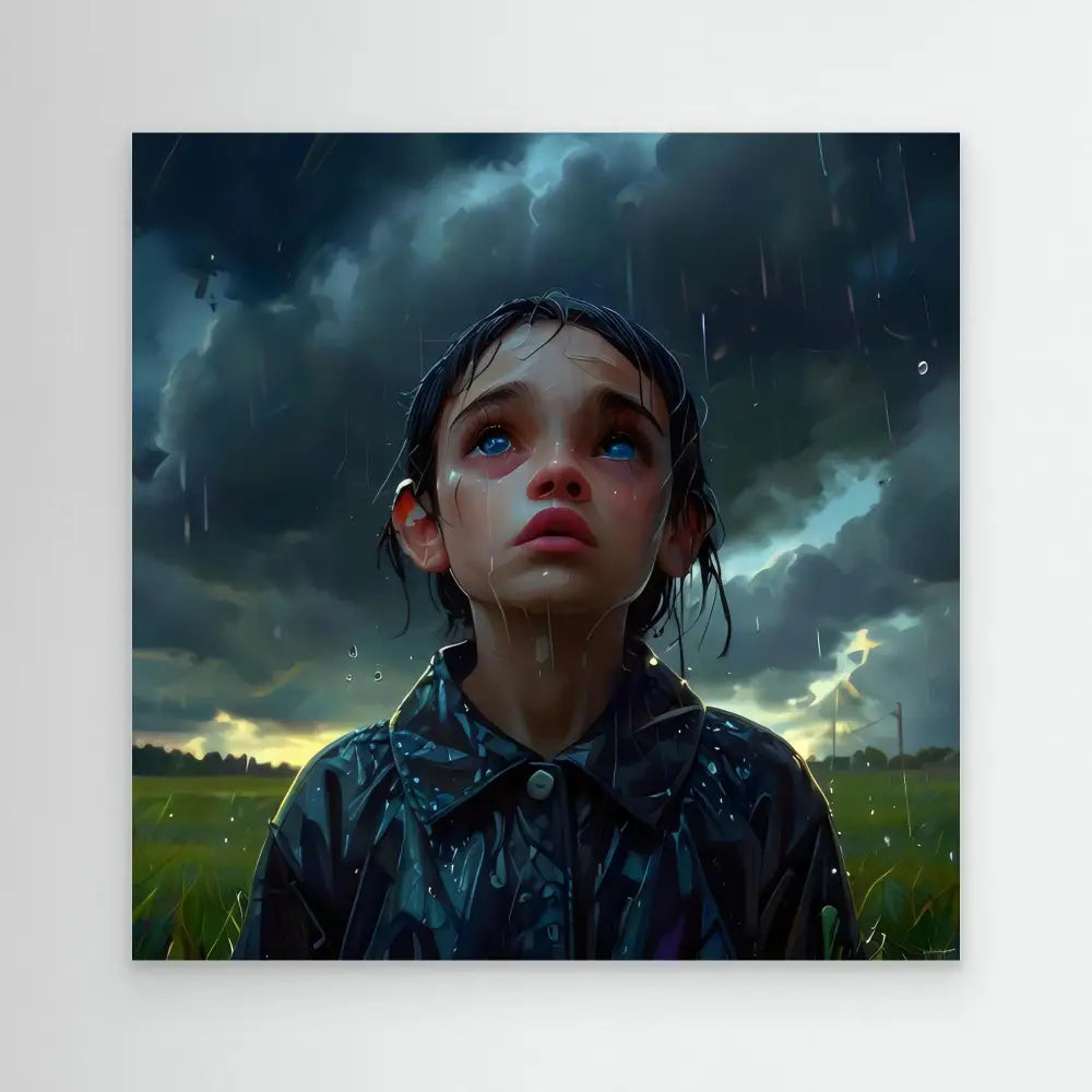 A rain-soaked figure in a dark coat gazes upward at stormy skies.