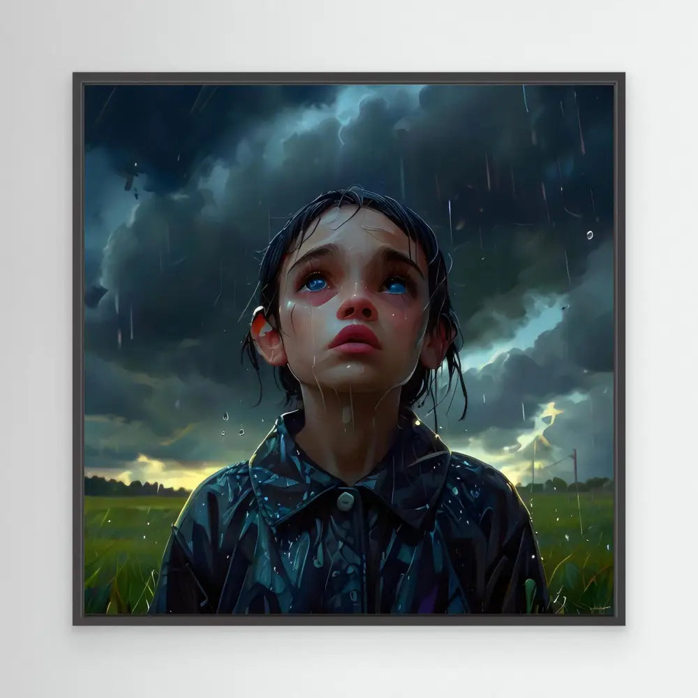 A rain-soaked figure in a dark jacket gazes upward at stormy skies.