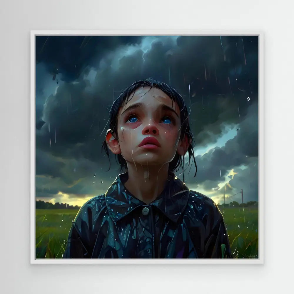 A rain-soaked figure in a dark jacket gazing upward at stormy skies.