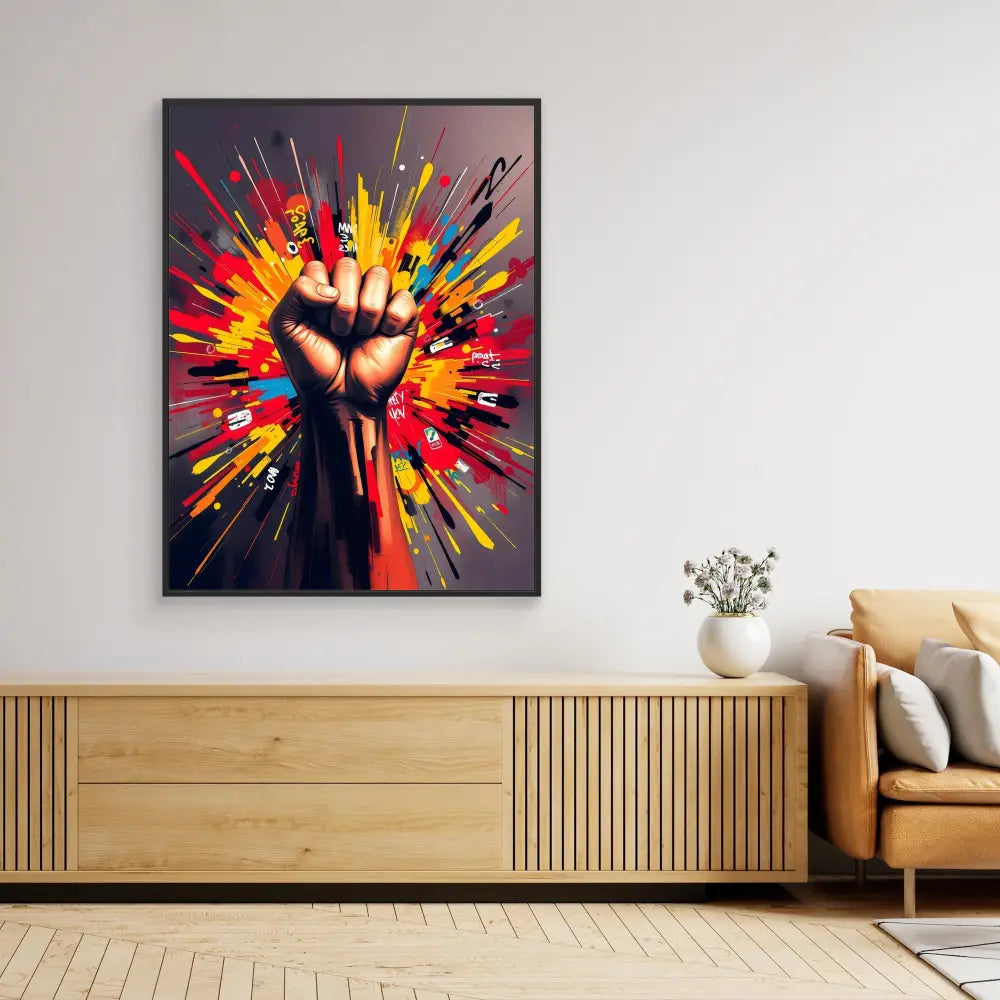 A raised fist surrounded by colorful explosive paint splatter effects.