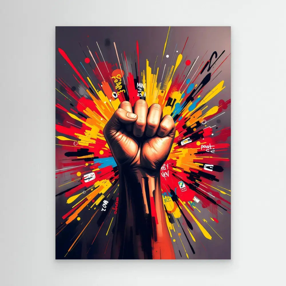 A raised fist surrounded by colorful explosive paint splatter effects.