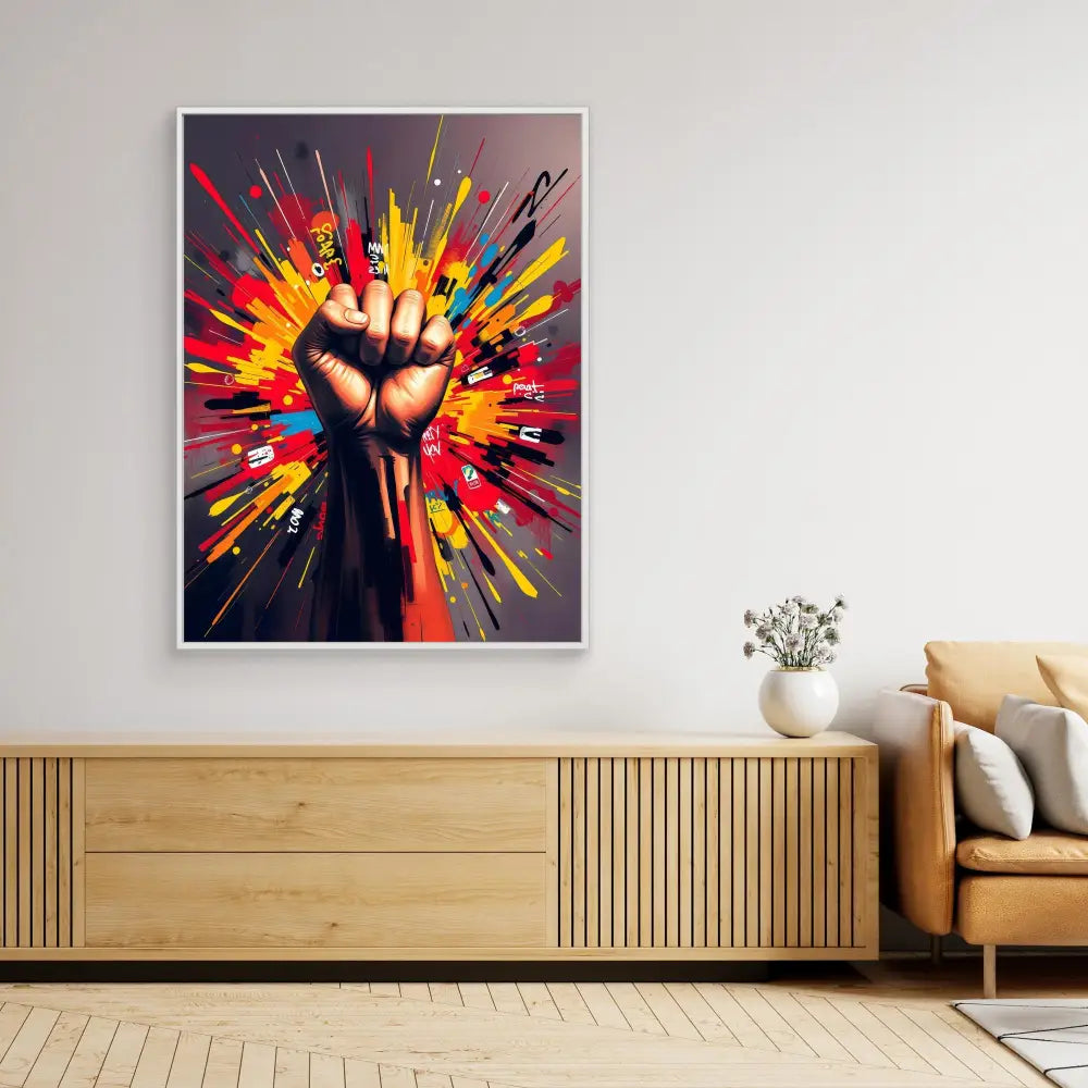 A raised fist surrounded by colorful explosive paint splatter effects.