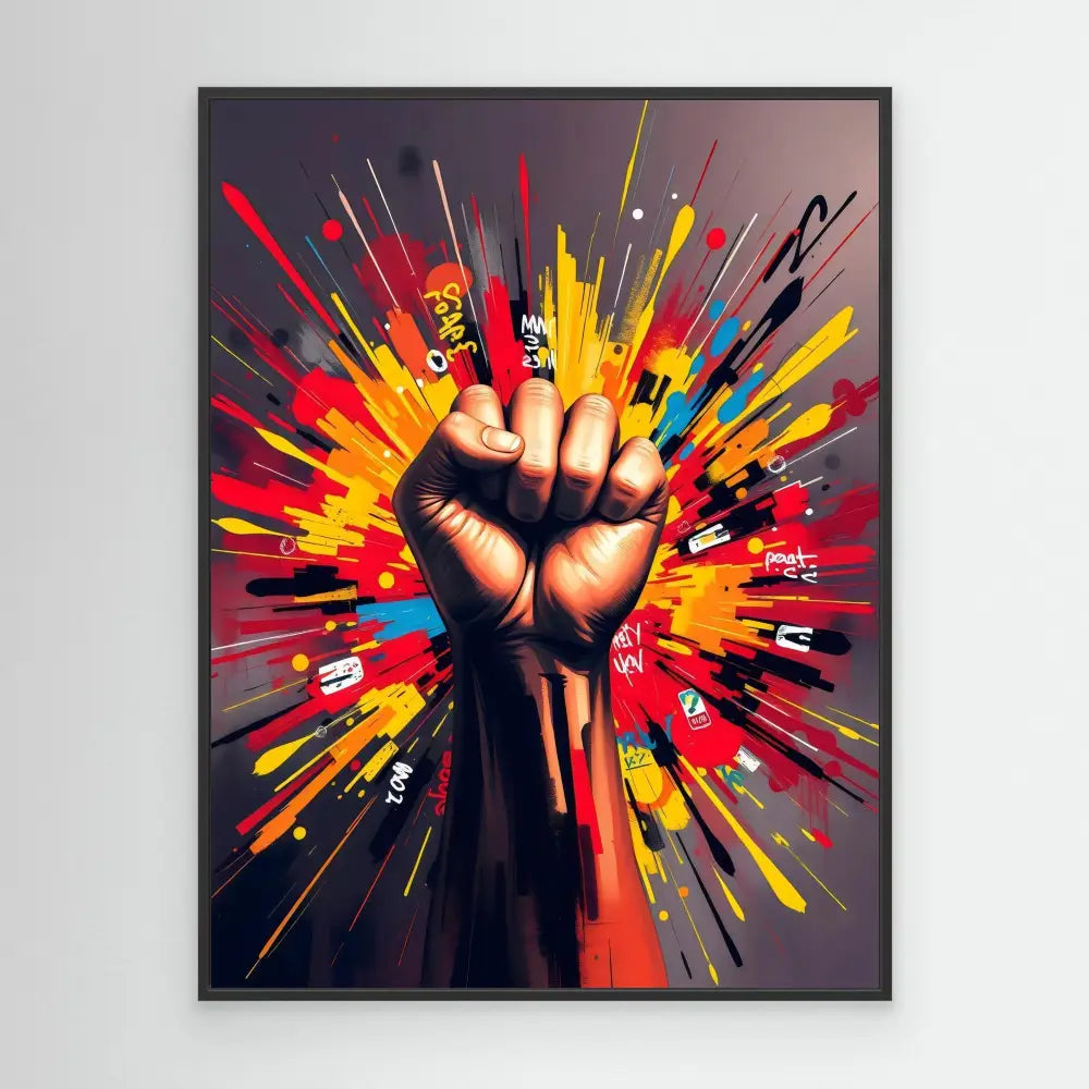 A raised fist surrounded by explosive colorful paint splashes and streaks.