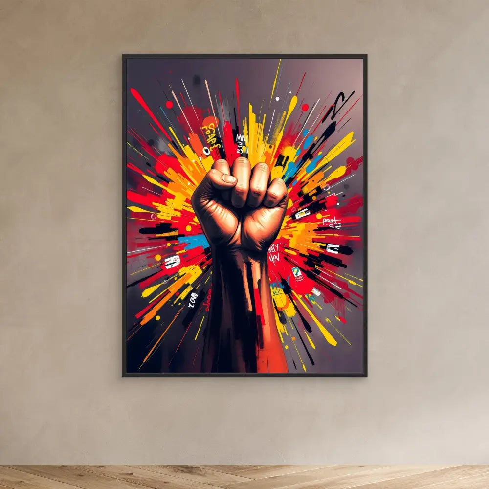 A raised fist surrounded by vibrant, explosive bursts of colorful paint splatter.