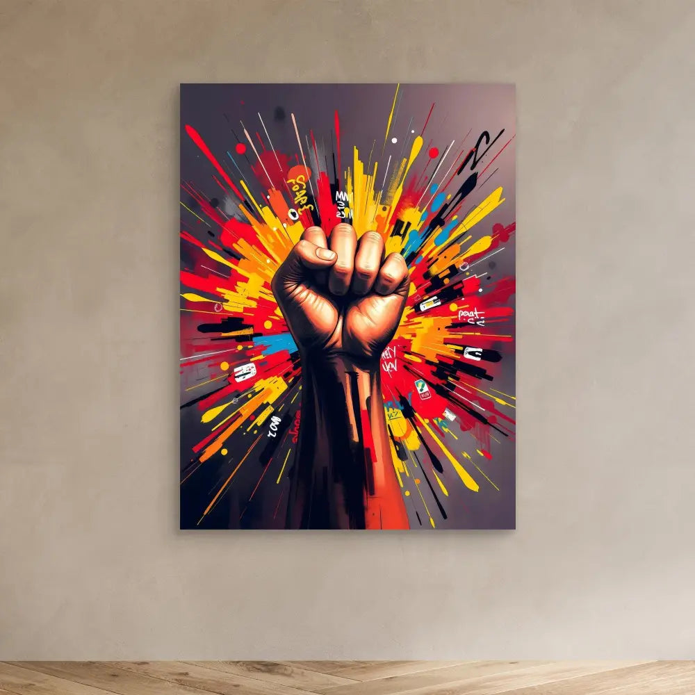 A raised fist surrounded by vibrant, explosive bursts of colorful paint splatter.