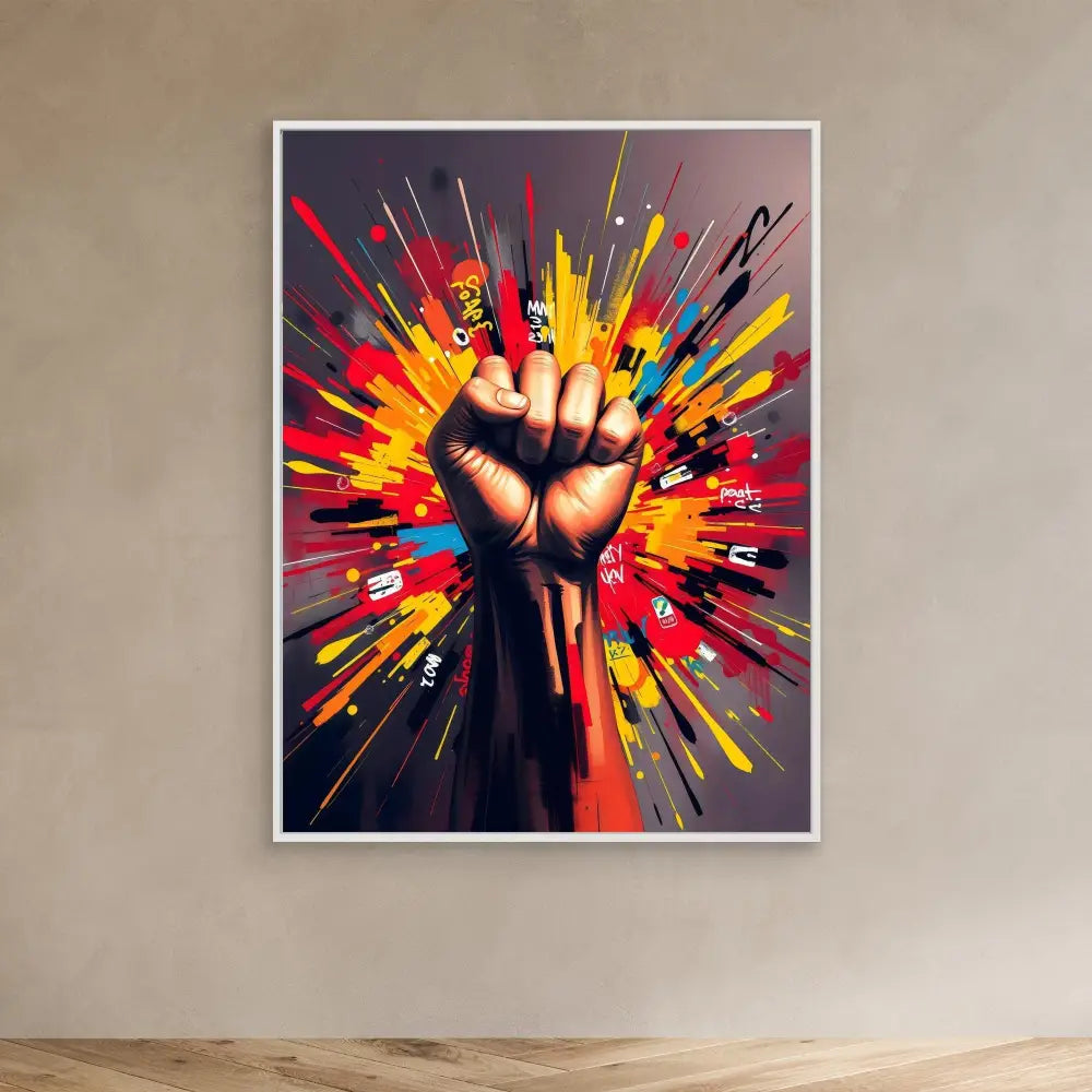 A raised fist surrounded by vibrant, explosive bursts of colorful paint splatter.