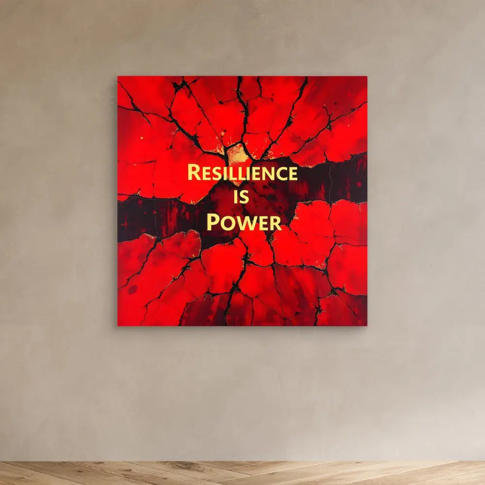 A red and black artwork with gold text reading ’RESILIENCE IS POWER’ against a cracked or shattered pattern.