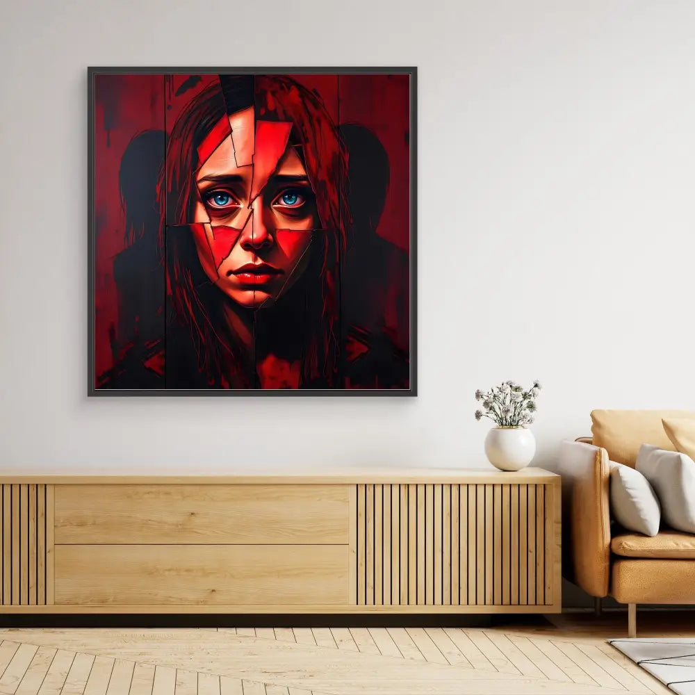 A striking red and black geometric portrait painting mounted in a dark frame.