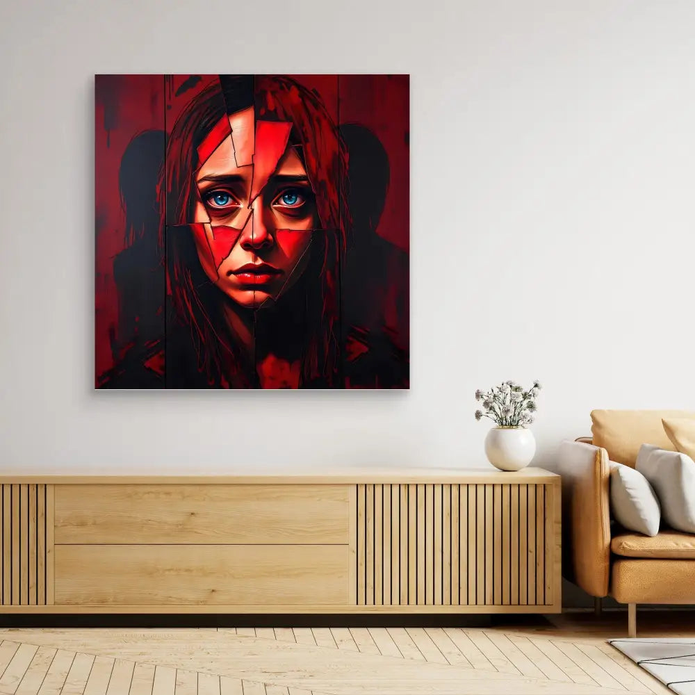 A striking red and black geometric portrait painting mounted on a wall.