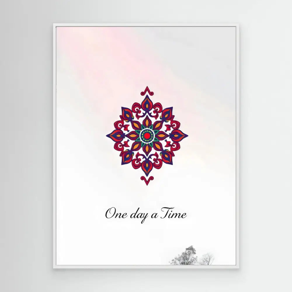 A red and blue mandala design with ornate geometric patterns.