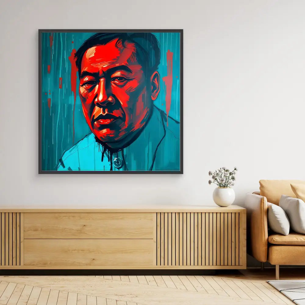 A striking red and turquoise portrait painting in a black frame.