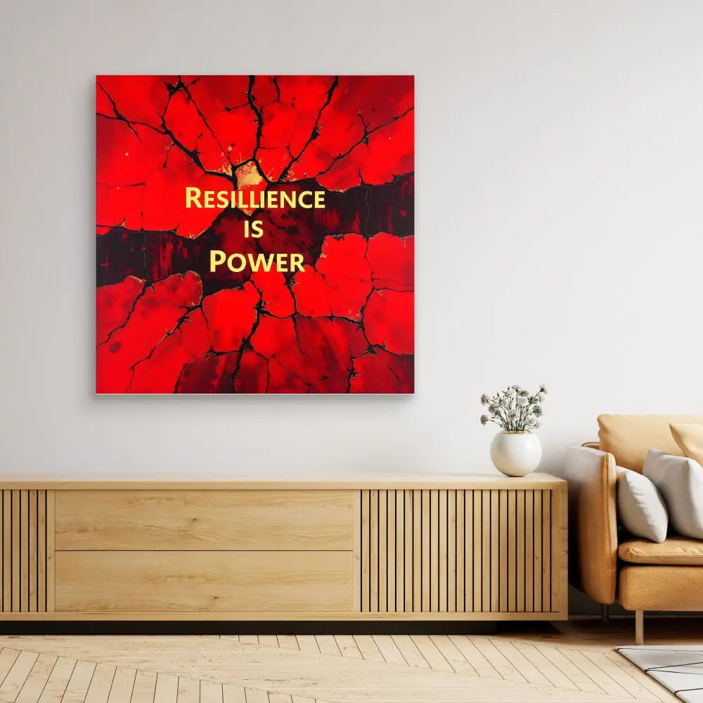 Red wall art with gold text reading ’RESILIENCE IS POWER’ against a cracked background pattern.