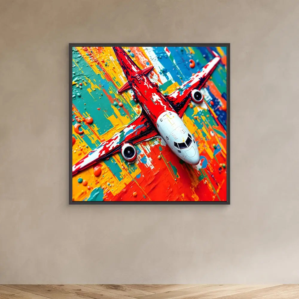 A red and white passenger aircraft depicted in vibrant, splattered paint style.