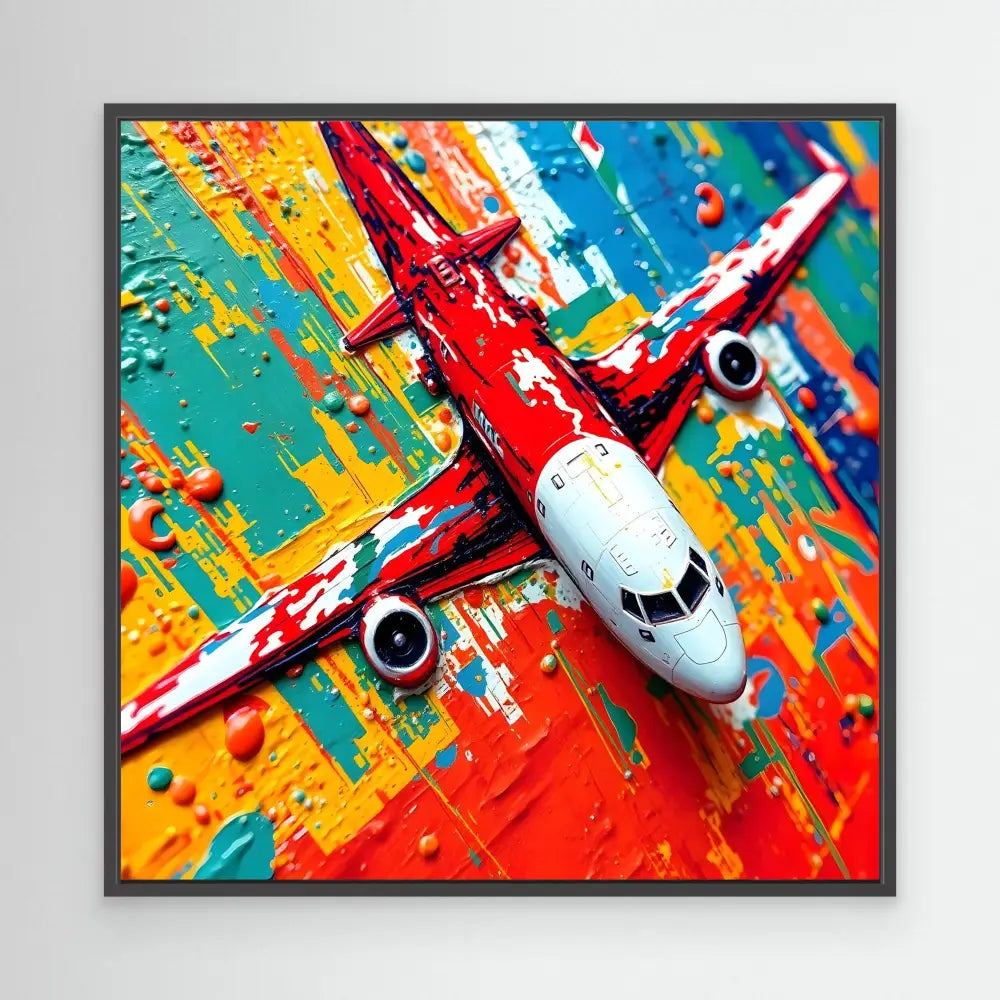 A red and white passenger aircraft painted in vibrant, splattered colors.