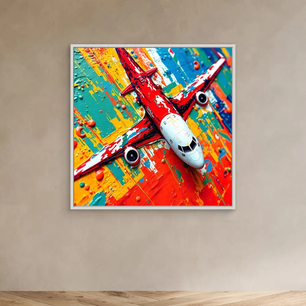 A red and white passenger aircraft against a vibrant splash of colorful paint.