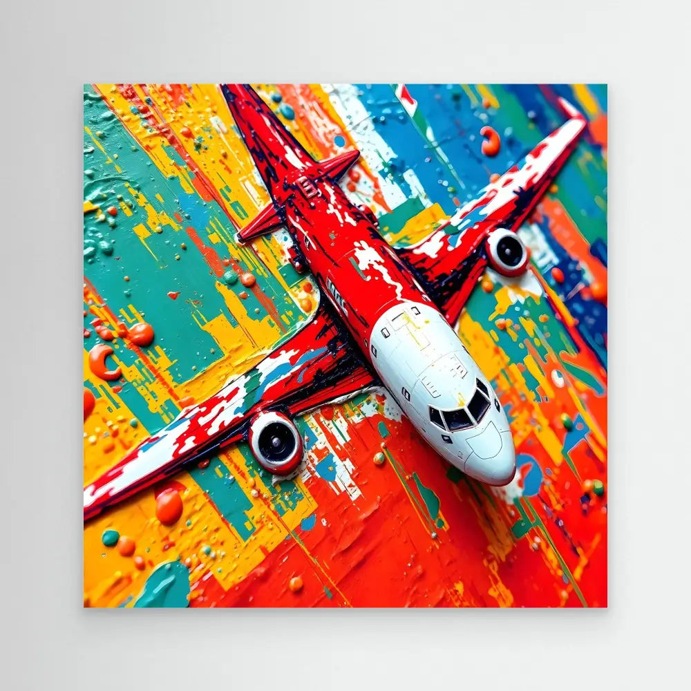 A red and white passenger aircraft with vibrant paint splashes and artistic effects.