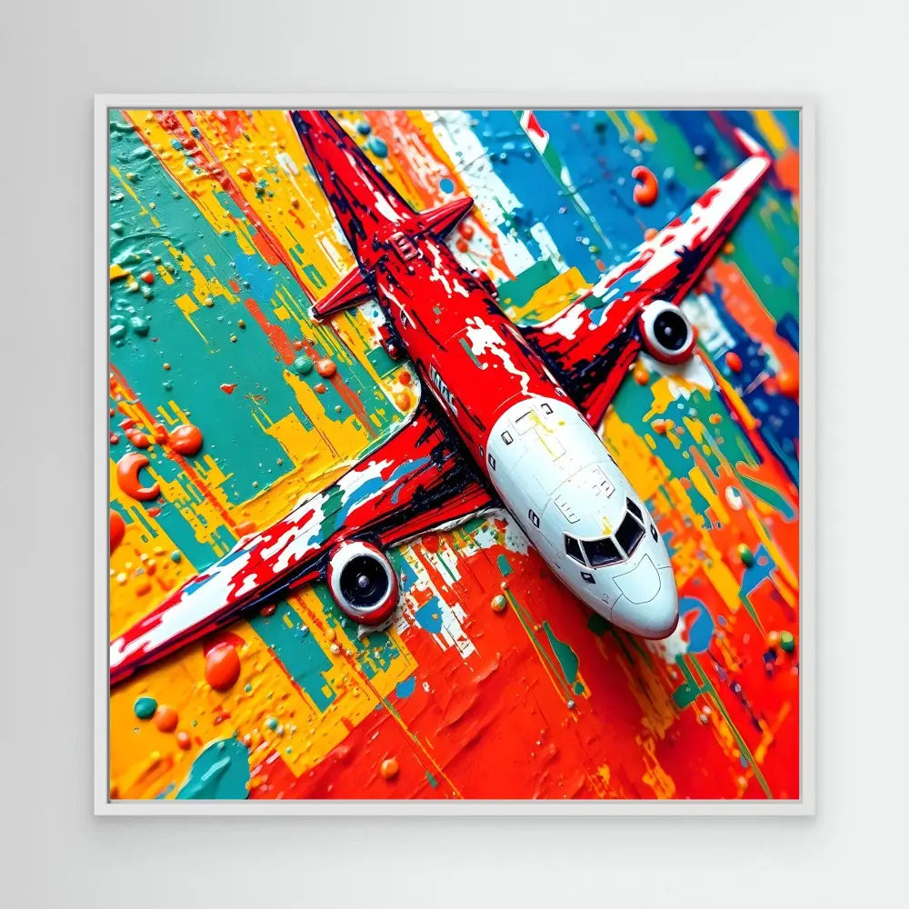 Red and white passenger aircraft with vibrant paint splatter effects.