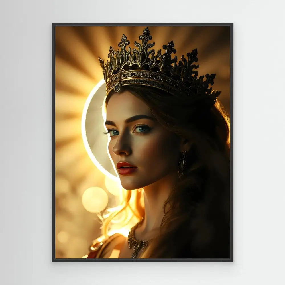 A regal figure wearing an ornate crown with dramatic lighting and glowing effects.