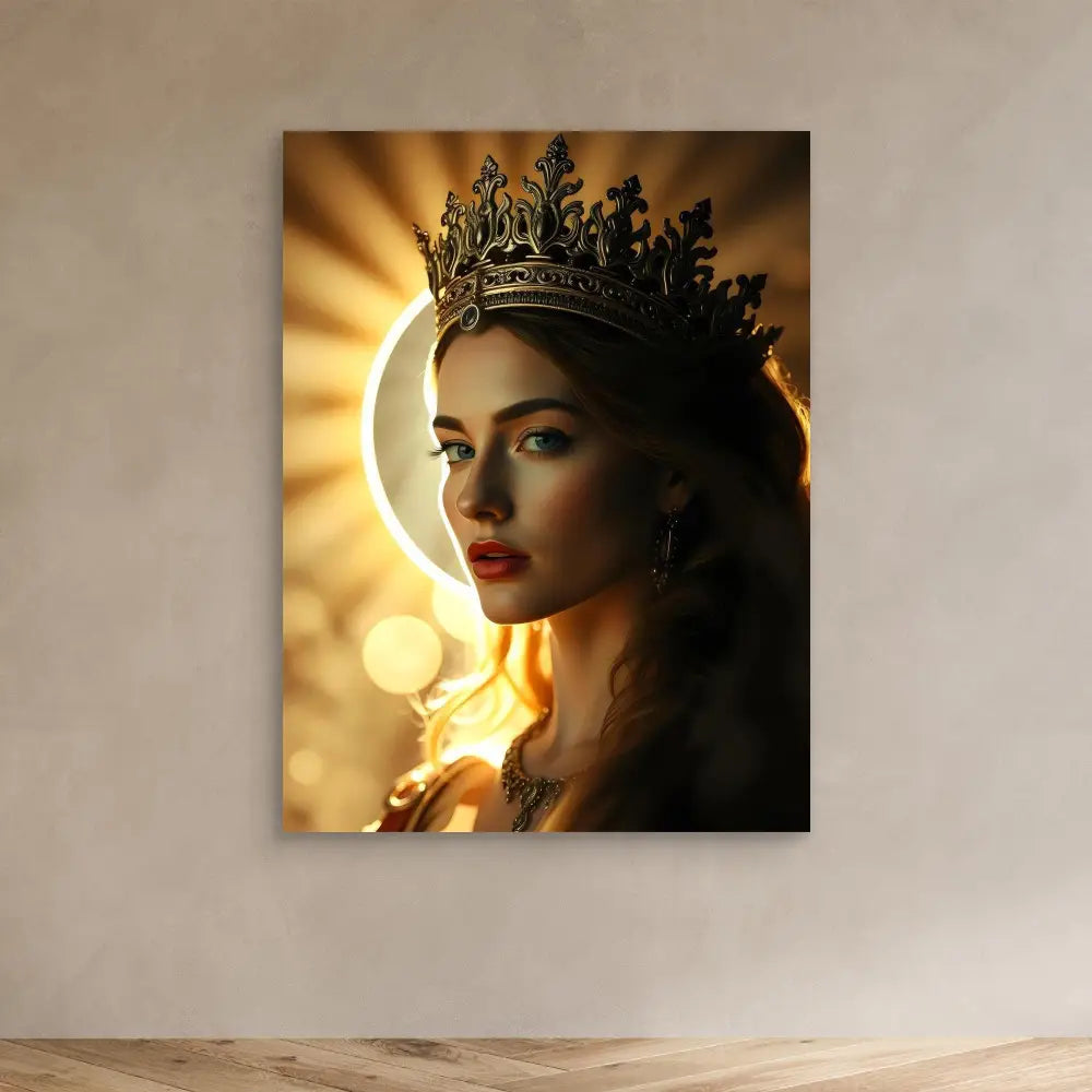 A regal figure wearing an ornate dark crown with dramatic backlighting creating a halo effect.