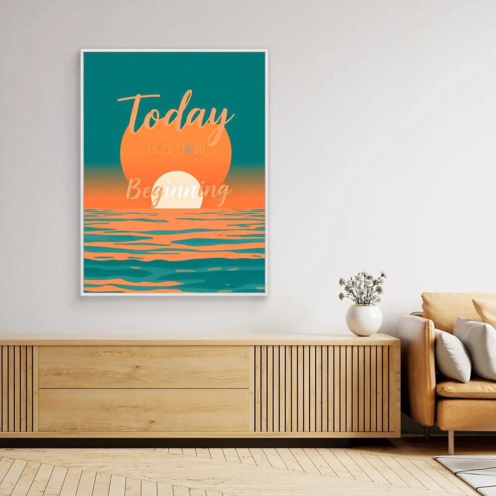 Retro-style sunset artwork with ’Today’ text over an orange sun reflecting on teal waters.