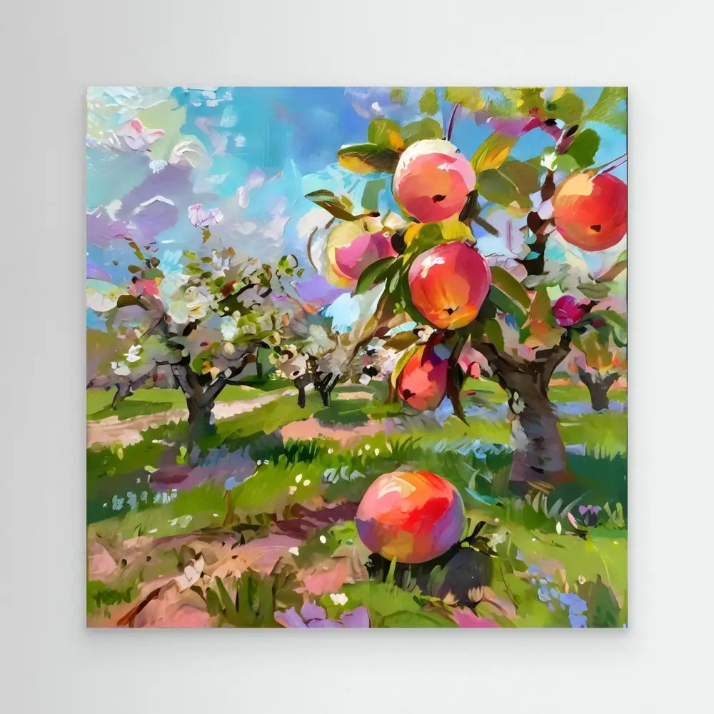 Ripe red apples growing on trees in a colorful impressionistic painting style.