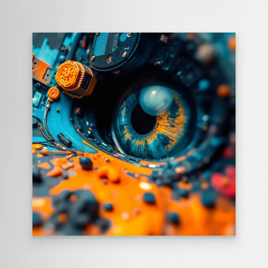 Robotic or mechanical eye with a bright blue iris against orange accents.