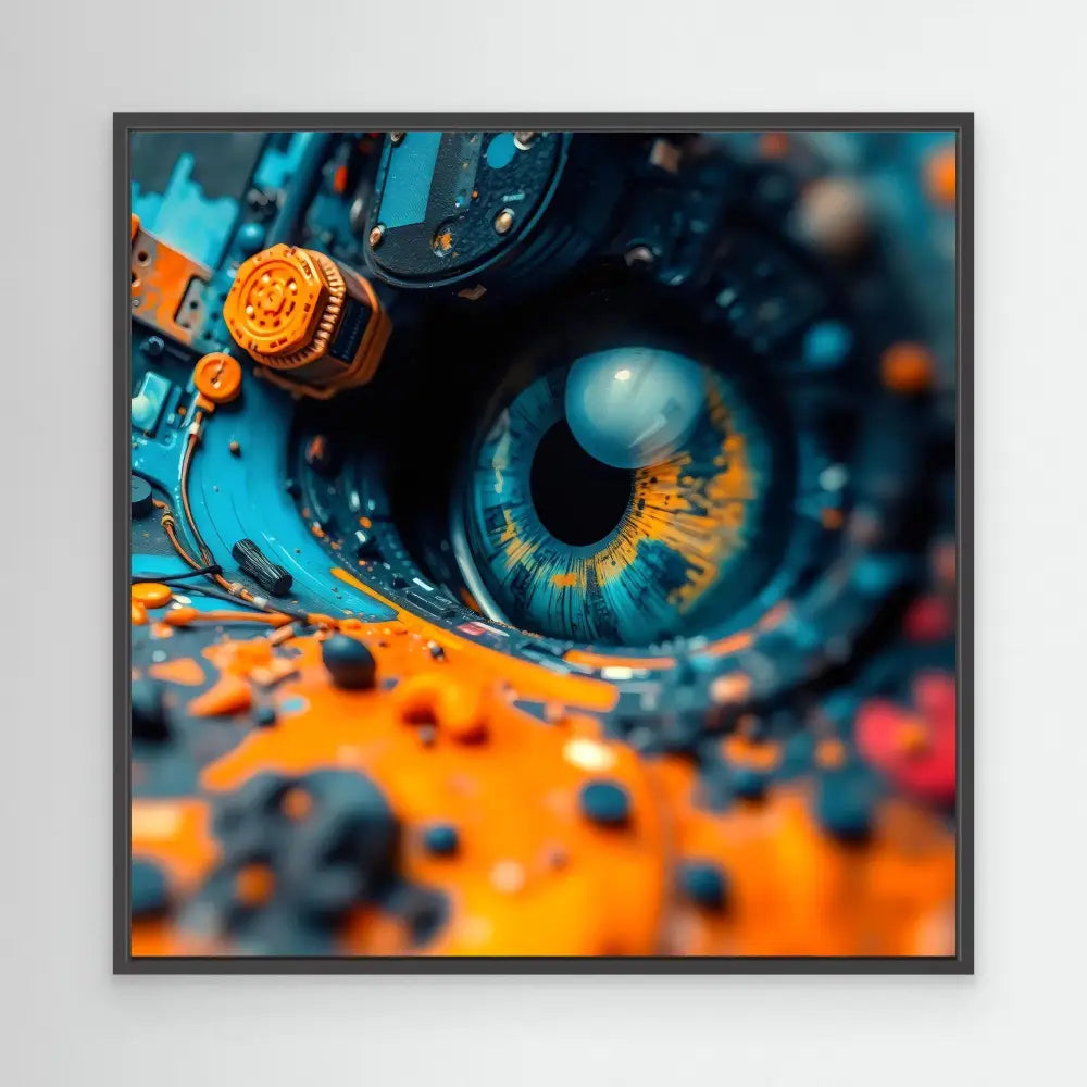 Robotic or mechanical eye with bright blue iris against orange accents.