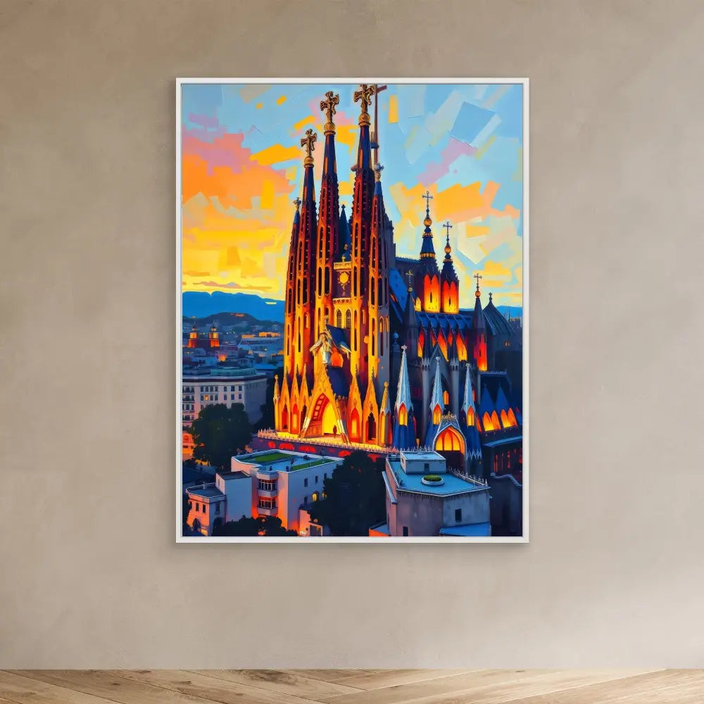 Sagrada Familia cathedral illuminated against a colorful sunset sky in Barcelona.